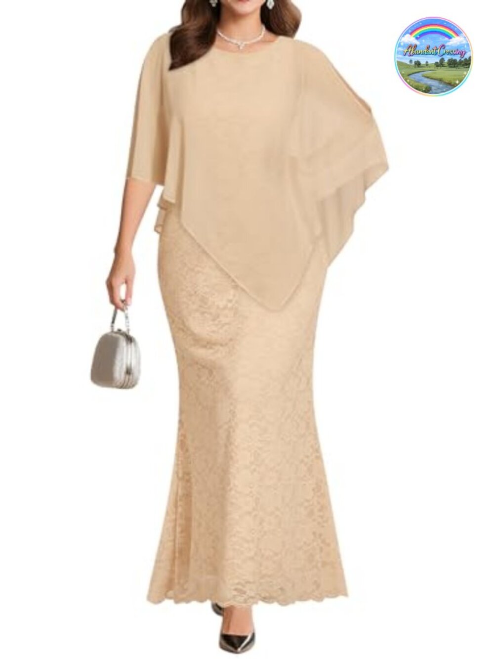 Pinup Fashion Plus Size Formal Evening Gown Chiffon Cape Lace Mermaid Long Dress